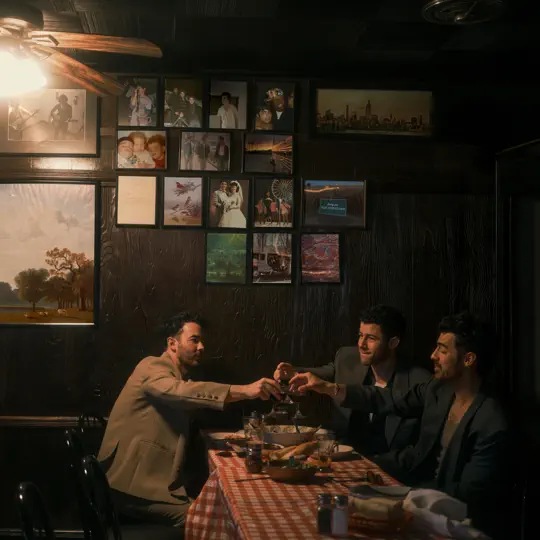 Three men sit at a table with a checkered tablecloth, raising glasses together in a dimly lit room with framed photos and art on the dark wood-paneled wall.